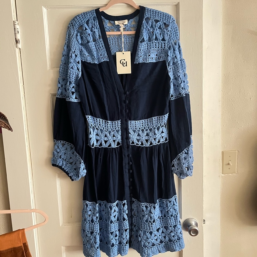 Chasing Unicorns Blue and navy Crochet mockingbird Dress L or XL - Picture 5 of 16